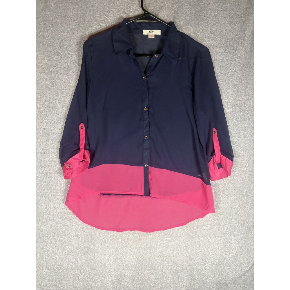 navy blue with pink trim blouse size L